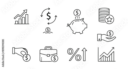 A collection of icons representing various aspects of finance and business