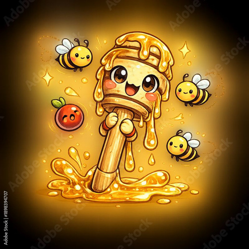 Chibi honey stick dripping but smiling stiff