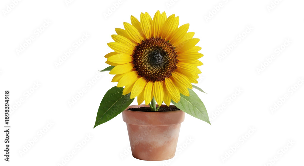 Obraz premium Bright yellow sunflower in terracotta pot with green leaves, isolated PNG with Transparent Background