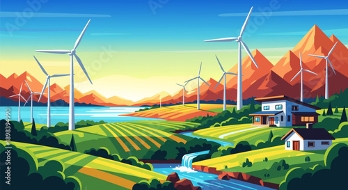 Renewable energy landscape illustration with wind turbines, a river, and houses in a valley, vector art