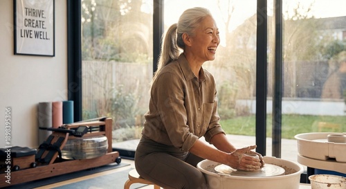Joyful Woman Working on Pottery Wheel in Bright Studio Setting