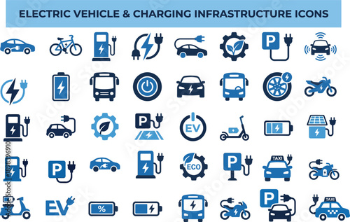 Electric vehicle or transport web icons in line style editable stroke. Electric car, battery, charging station, solar panel, range, plug, collection. Editable stroke. Vector illustration
