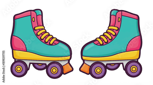 a colorful pair of cartoon roller skates with wheels