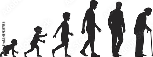 Silhouette of human life stages, baby to elderly man, aging process, growth development, life cycle progression, childhood to old age, human evolution concept.