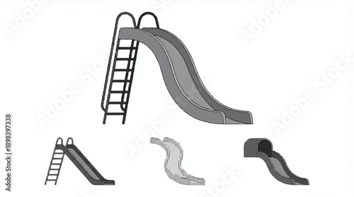 a set of four different slides for children to play on outdoors