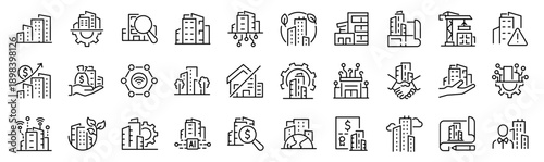 Set of 30 outline icons related to commercial buildings. Linear icon collection. Editable stroke. Vector illustration