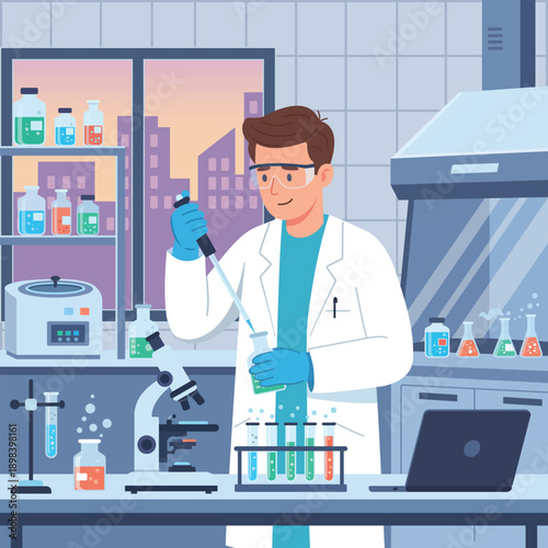 Scientist Working in Modern Laboratory with Test Tubes and Microscope Illustration