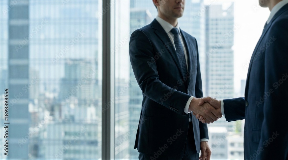 Fototapeta premium Two men in business suits shaking hands. Successful financial transaction or partnership concept. Corporate world business deal and agreement