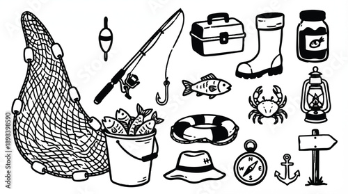 black and white illustration of various fishing equipment and accessories