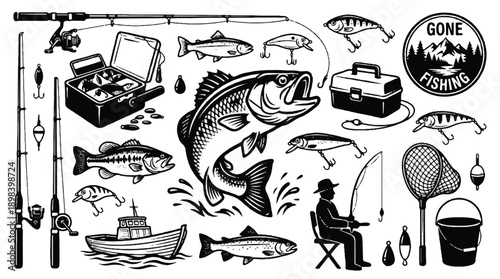Black and white illustration of various fishing related items and a man sitting on a chair