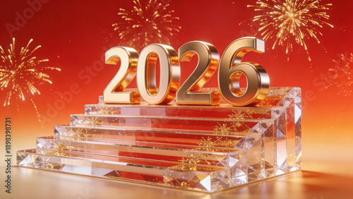 Prominent Golden '2026' on Layered Crystal Pedestal with Sparkling Fireworks against Vibrant Red Background