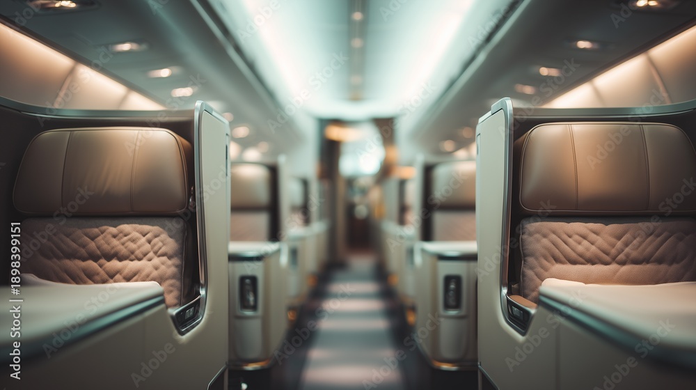 Obraz premium Empty airplane cabin shows rows of seats and soft lighting during the flight waiting time in the evening