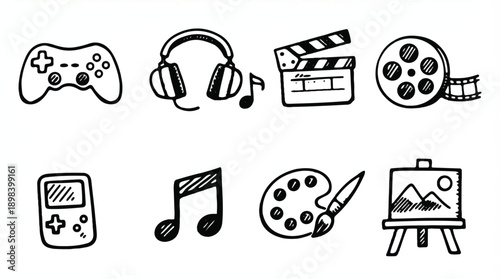 Black line icons for creative hobbies and entertainment activities