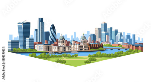 Isometric cityscape featuring iconic london skyline with modern buildings