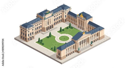 Elegant isometric architecture of majestic historic building with courtyard and statues