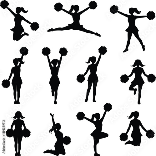 Silhouettes of cheerleaders in various poses with pom-poms Keywords: cheerleader, silhouette, pom-pom, cheerleading, dance
