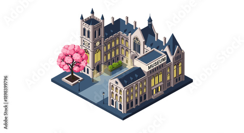 Isometric museum building with pink cherry blossom tree and gothic architecture