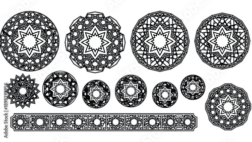 Collection of intricate black and white circular and rectangular geometric patterns with star motifs, inspired by Islamic art and mandalas.