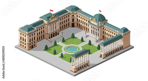Grand isometric palace with courtyard and gardens