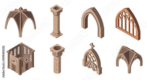 Isometric medieval architecture elements: arches, columns, and windows