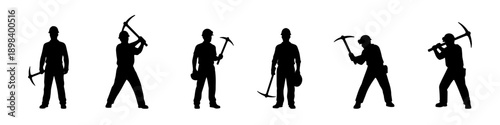 Miner silhouettes holding pickaxes in different working poses, isolated on white background, industrial labor concept.