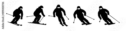 Dynamic skier silhouettes performing downhill turns, isolated on white background, winter sports action concept.