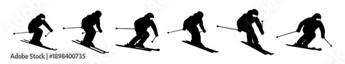Set of skier silhouettes showing continuous downhill motion, isolated on white background, winter sports illustration.