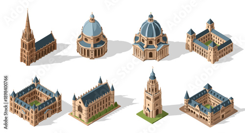Isometric historic university buildings collection with detailed architectural designs