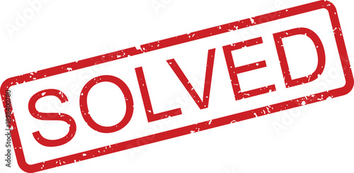 Distressed red rubber stamp with the word SOLVED in bold letters against a bright white backdrop