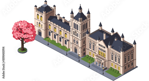 Isometric architecture of historic museum with blossom cherry tree