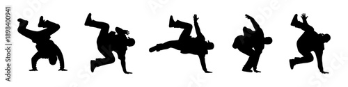 Breakdance silhouettes performing dynamic street dance moves, isolated on white background, urban culture concept.