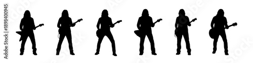 Electric guitar player silhouettes performing rock music, isolated on white background, live concert concept.