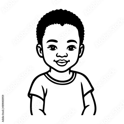 Dibujo sencillo con líneas de un niño de raza negra alegre sonriente con camiseta de manga corta 