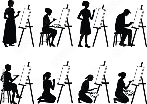 Silhouettes of artists painting at easels in various poses and genders Keywords: art, artist, painting, easel, canvas
