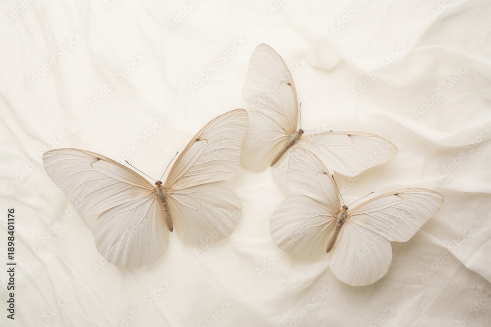 Fototapeta premium Minimalist photography close up flat lay three white butterflies butterfly animal insect.