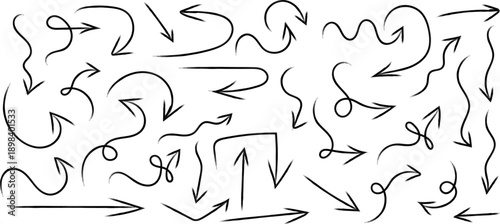 A collection of hand drawn black arrows and curved lines pointing in various directions creating a dynamic visual flow high quality professional detailed