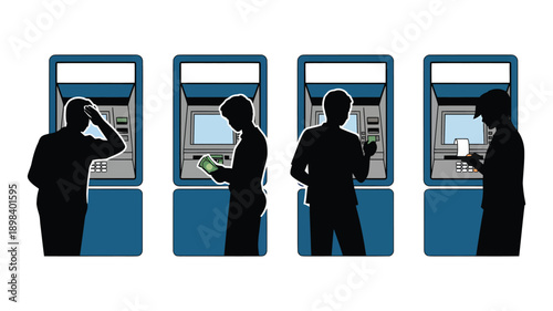 People using ATMs in various poses with blue kiosks in minimalist style for banking and finance