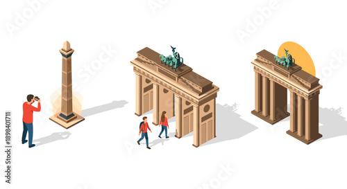 Exploring landmarks: iconic columns and gates in isometric style