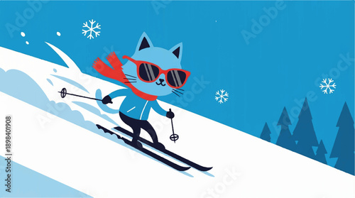 Cartoon cat skiing down snowy mountain slope wearing sunglasses and scarf
