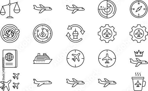 Travel aviation and navigation line icon set airplane transport tourism logistics compass passport cruise symbols vector