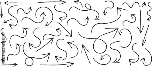 A chaotic arrangement of hand drawn black arrows and curved lines densely covering a white background suggesting movement and complexity high quality professional