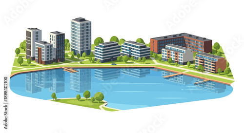 Modern isometric urban waterfront with green spaces and buildings