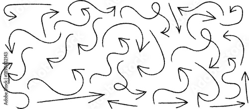 A densely packed chaotic arrangement of black curved arrows pointing in various directions on a stark white background high quality professional detailed modern