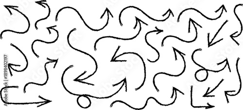 A chaotic arrangement of numerous black hand drawn arrows pointing in various directions creates a dense swirling pattern high quality professional detailed modern