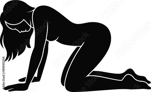 Silhouette of a woman on hands and knees with long hair Keywords: silhouette, woman, female, kneeling, hands and knees, crawling