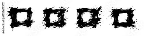Set of rough black ink square frames with splashes and brush textures, ideal for photo borders and grunge design layouts.