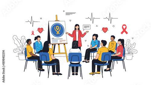 Community group attends a healthcare awareness seminar with a professional speaker and medical illustrations.