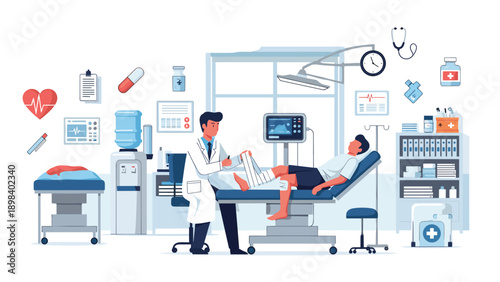 Professional doctor treats a patient in a medical room equipped with advanced healthcare tools and monitoring devices.