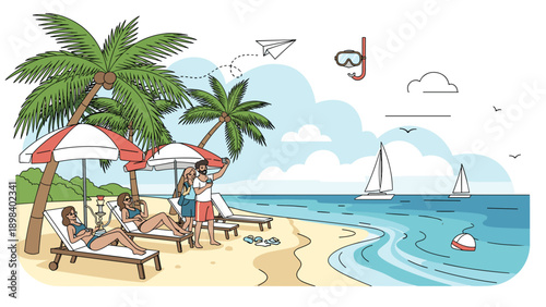 Group of tourists relaxes on a tropical beach with sunbeds and umbrellas while sailboats float on the ocean.