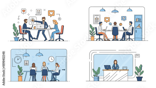 Collection of business office scenes shows various professional interactions including meetings and reception services.